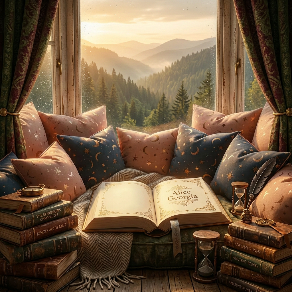 An inviting reading nook built into a bay window overflows with plush cushions in pastel pinks and deep midnight blues, patterned with tiny stars and moons. A single, thick fantasy romance hardcover with gilt edges lies open, a pressed flower marking the page. Outside the slightly fogged glass, the silhouettes of distant castle-like rooftops are just visible, blurred into bokeh. Golden hour sunlight floods through, casting warm, slanting beams that illuminate drifting dust motes. Photographic realism, shot from a slightly elevated angle focusing on the open book, with a soft, dreamy atmosphere that hints at magic and romance while remaining clean and modern, perfect for a fantasy romance review homepage.