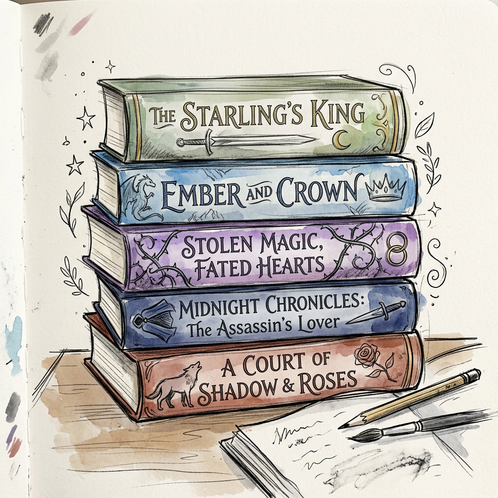 Stack of five fantasy novels titled The Starling's King, Ember and Crown, Stolen Magic Fated Hearts, Midnight Chronicles The Assassin's Lover, and A Court of Shadow & Roses